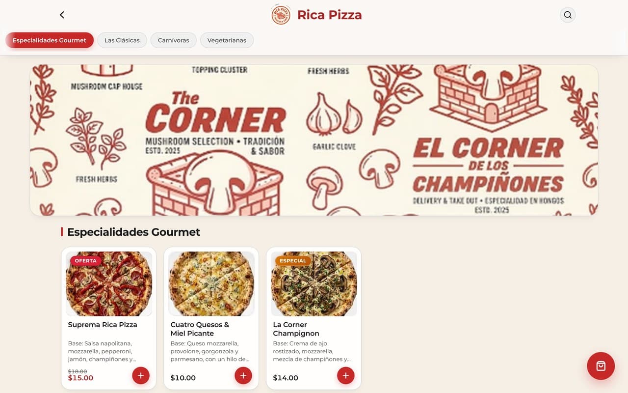 Menú digital de Rica Pizza en Gcode POS, en el navegador: fotos de las pizzas, precios y una oferta