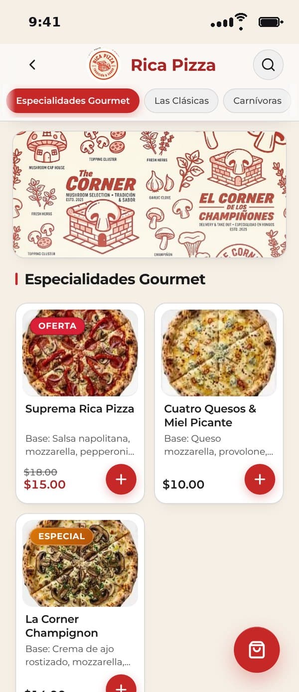 El menú de Rica Pizza en el teléfono: logo, portada de la marca y las primeras pizzas con una oferta