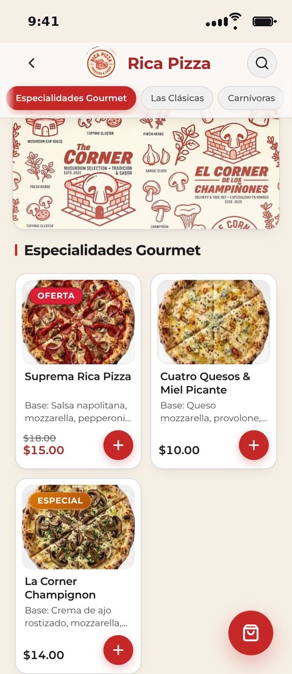 Menú digital de Rica Pizza en Gcode POS: las pizzas con foto, precio y una oferta