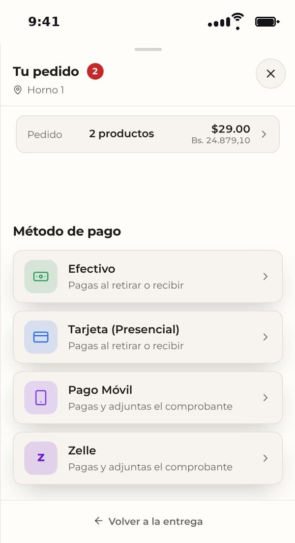 Métodos de pago de un pedido en Gcode POS: efectivo, tarjeta, Pago Móvil y Zelle