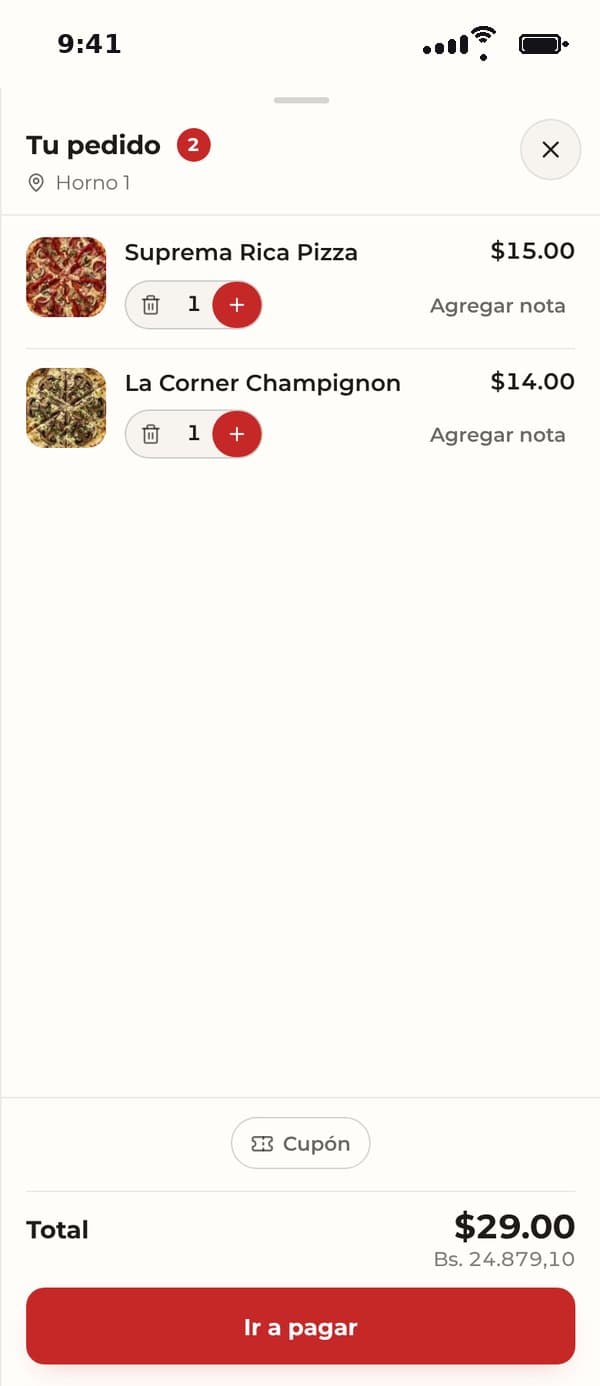 Carrito de un pedido en el menú de Rica Pizza, con el total en dólares y en bolívares