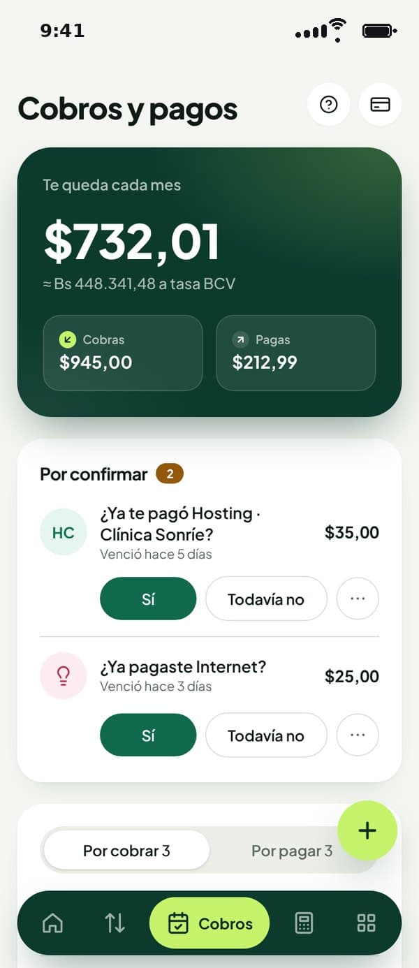 Cobros y pagos del mes en MiDinerito, con la pregunta de si ya te pagaron