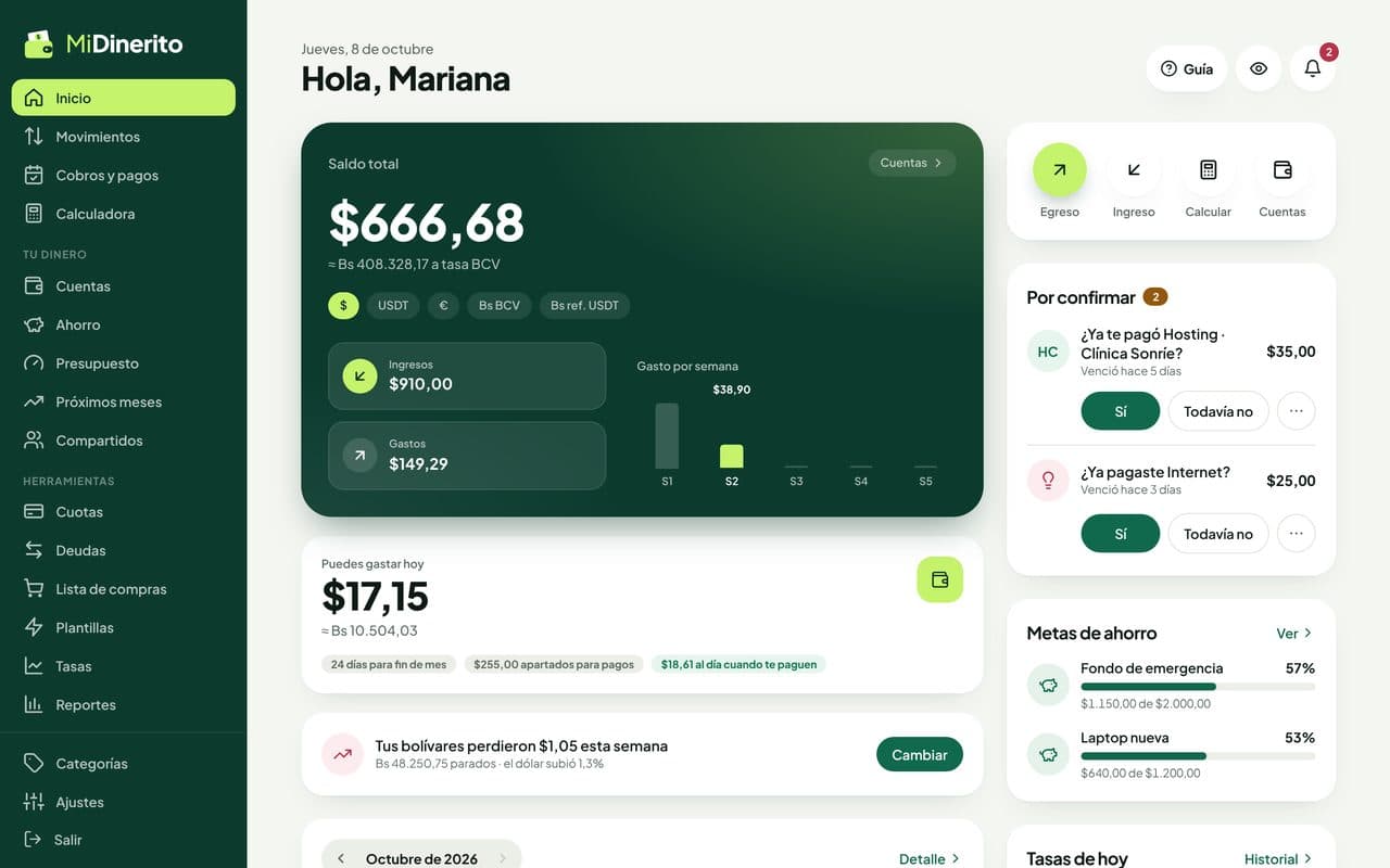 Inicio de MiDinerito en el navegador: saldo total, cobros por confirmar y metas de ahorro