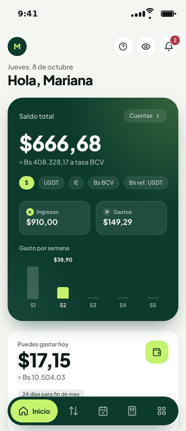 Inicio de MiDinerito en el teléfono: saldo en dólares con su equivalente en bolívares