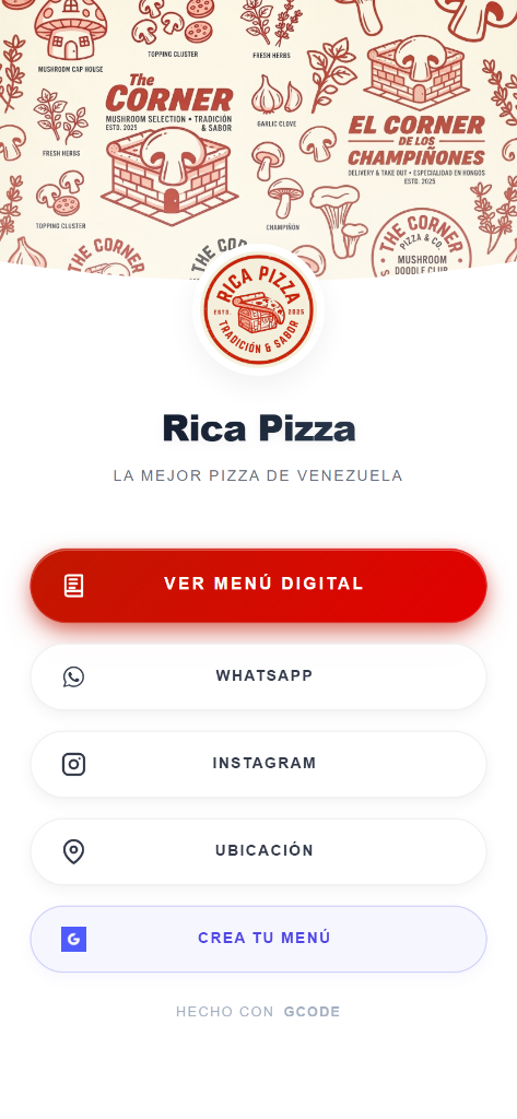 Rica Pizza en Gcode — página de enlaces y menú digital